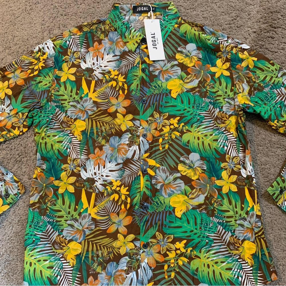 NWT Men’s Jogal Hawaiian Long Sleeve Button Down Shirt XL - Picture 2 of 6